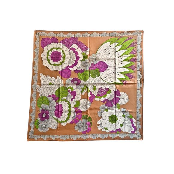 1970s White Green & Purple Pop Art Floral Graphic Acetate Scarf Made in Japan - Picture 5 of 7
